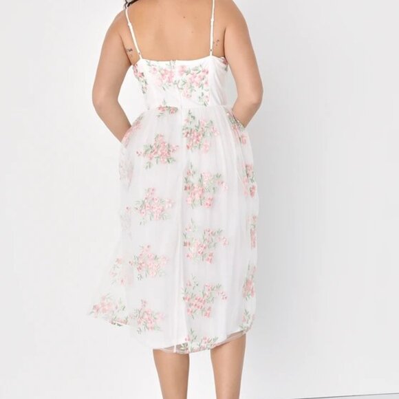 Lulus Celebrating Sweetness White Floral Embroidered Tulle Midi Dress - Size M - Picture 4 of 4